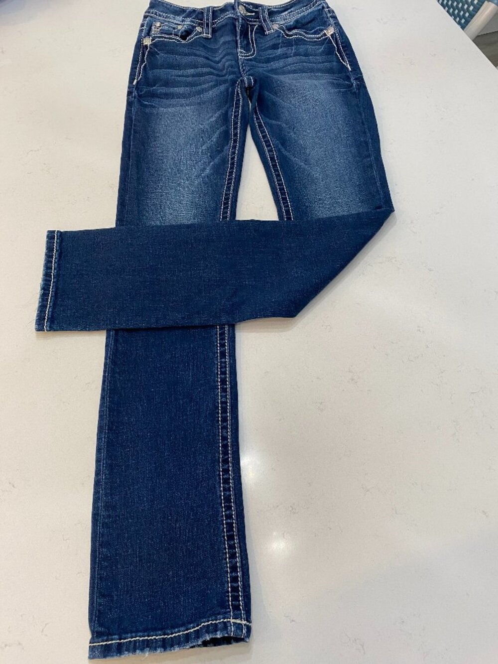 Miss Me Dk Wash (Cristy) Embellish Flap Pocket Mid-Rise Straight Jeans Sz 25 Y2K